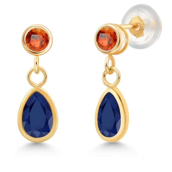 Gem Stone King 14K Yellow Gold Blue Sapphire and Orange Sapphire Dangle Earrings for Women (1.32 Cttw, Gemstone September Birthstone, Pear Shape 6X4MM, Round 3MM)