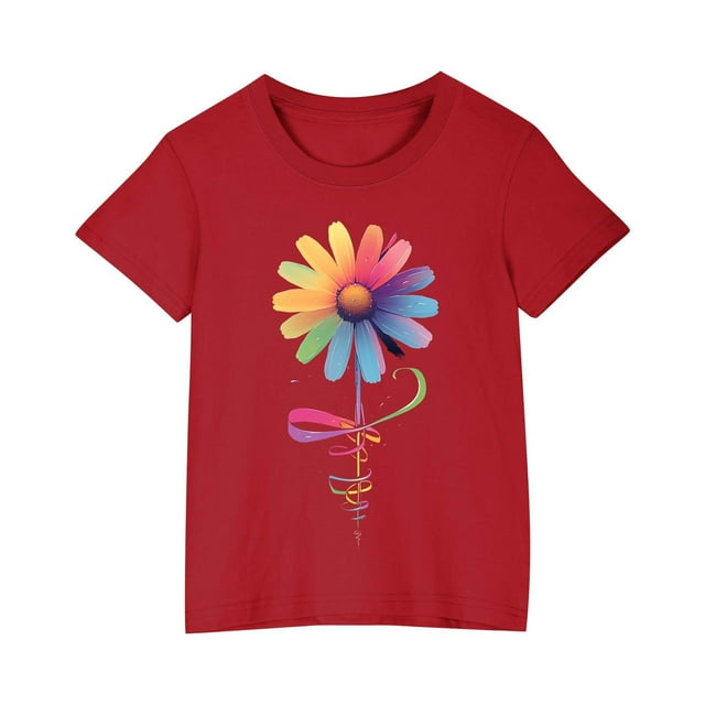 Penkiiy Chemises pour Enfants Manches Courtes T-Shirt Graphique Gerbera Col Rond Crop Top pour Filles et Garçons de 3 à 9 Ans T-Shirt Rouge