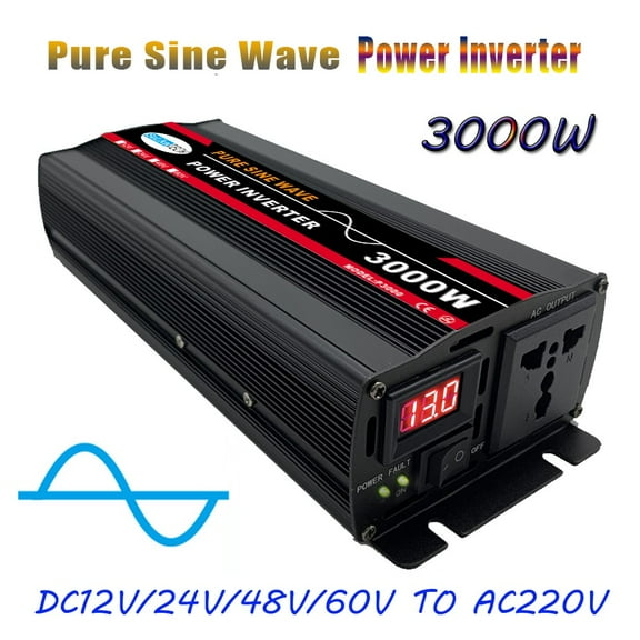 3000 Watt Pure Sine Wave Power Inverter 12V DC to 220V Converter for Family RV Off Grid Solar System Car with AC Power Outlets and LCD Display