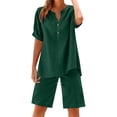 thumbnail image 5 of WULMLEO Linen Short Sets for Women 2 Piece Outfits Short Sleeve Button V Neck Shirts and Bermuda Short Sets Vacation Clothes Dark Green 2XL, 5 of 7