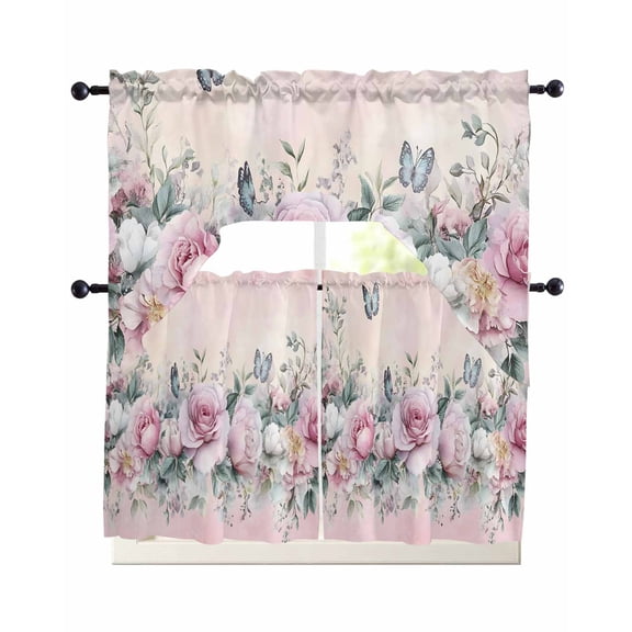 Pink Roses Floral Swag Curtains for Living Room/Bedroom Windows, Vintage Romance Botanical Flowers Kitchen Curtains and Valances Set 36 Inch Length, Light Filtering Swags Valance Curtain Panels