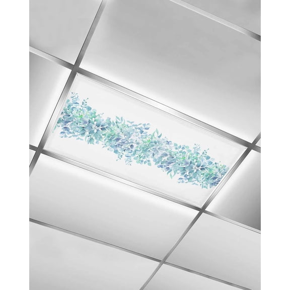 Teal Blue Eucalyptus Leaves Fluorescent Light Covers for Ceiling Lights 4x2 feet,1 Pack Magnetic Light Filters for Classroom,Spring Summer Botanical Floral Fluorescent Light Shade Panel for Office