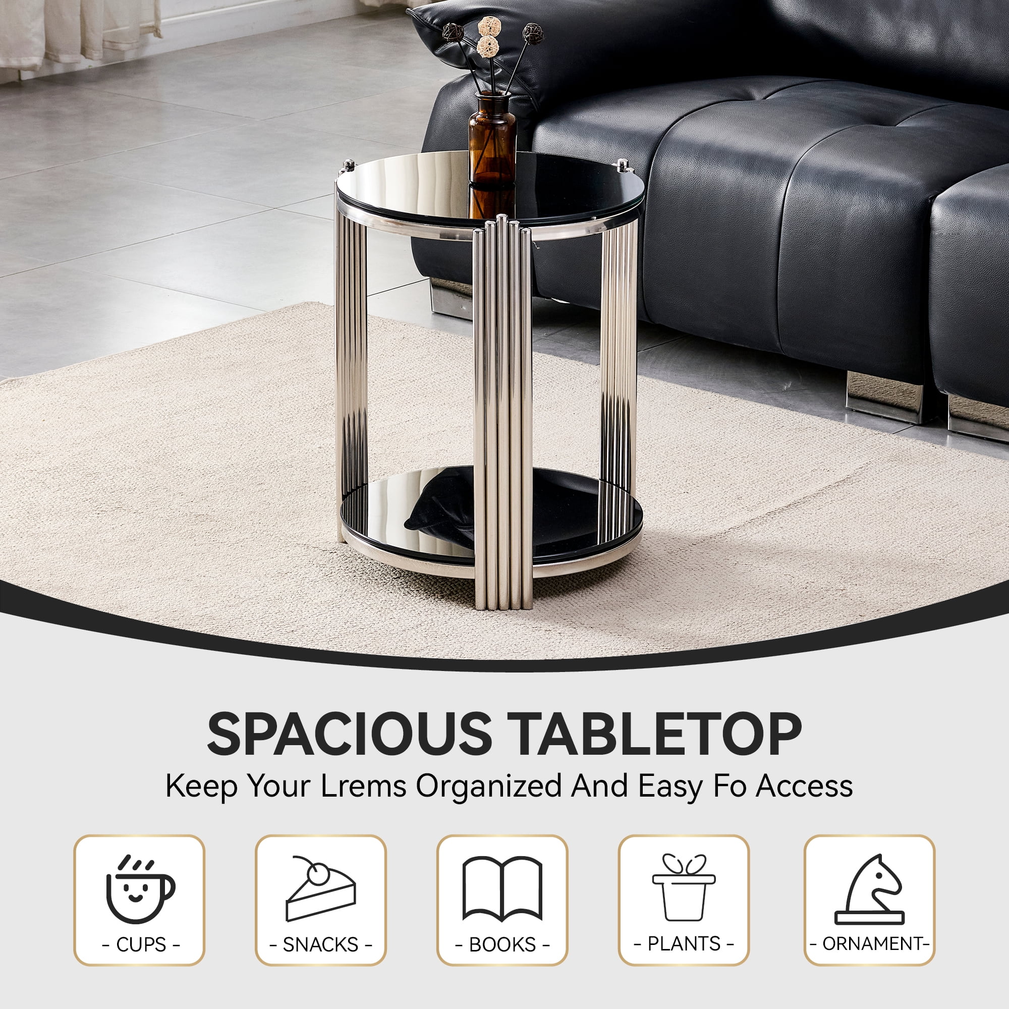 16.90 Inch Modern End Table, Bedside Table, Double-Layer Tempered Black Glass & Silver Stainless Steel Frame Living Room Table, Round Table
