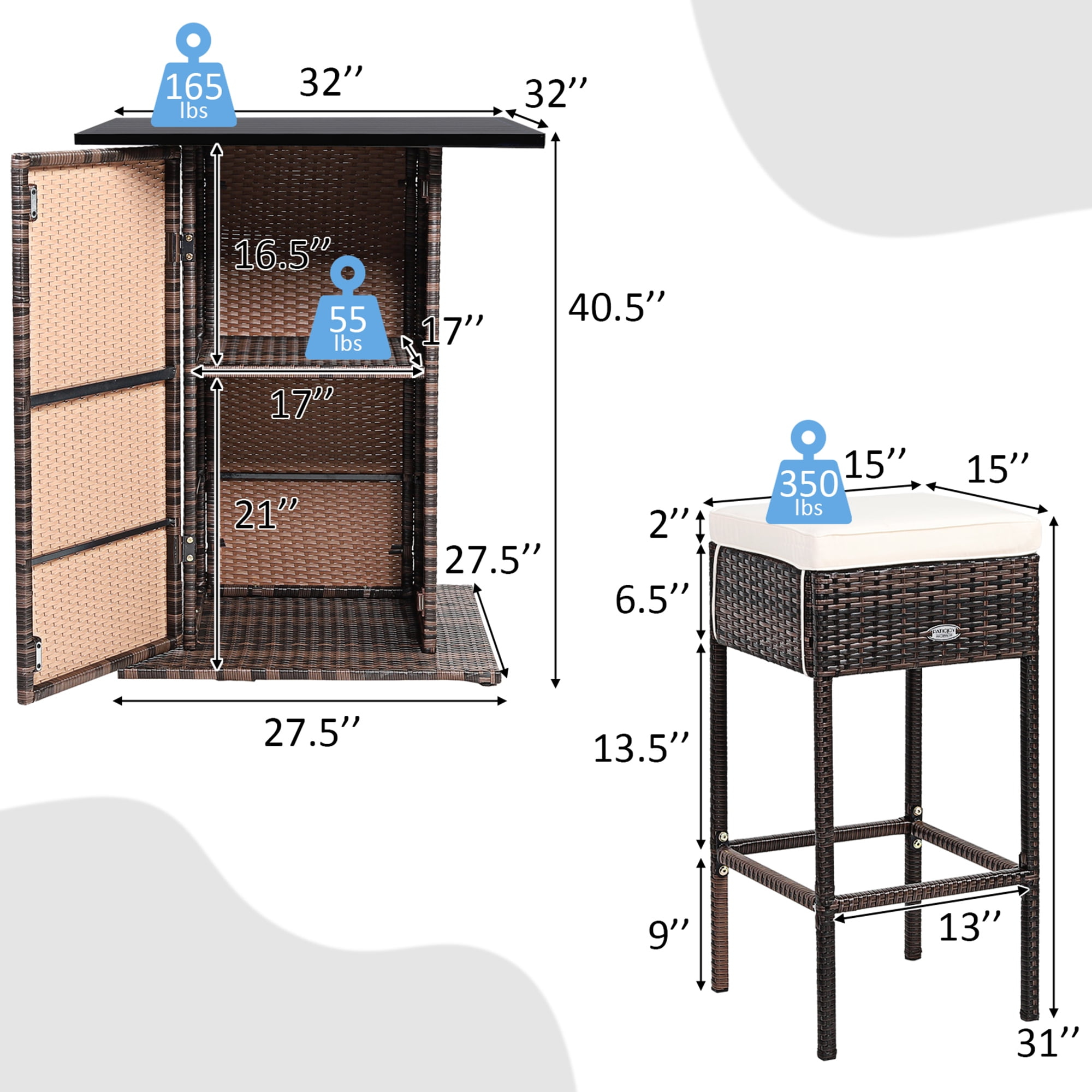 Gymax 5PCS Patio Bar Set Rattan Bar Furniture Set w/ Table & 4 Cushioned Stools