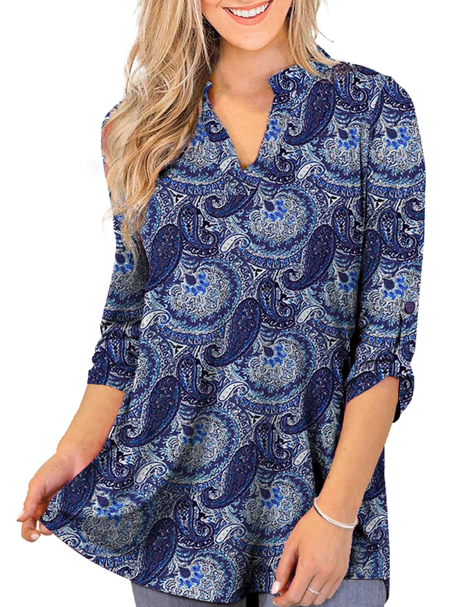 Womens Plus Size Tops 3/4 Roll Sleeve Floral Tunic Shirt Casual V Neck ...