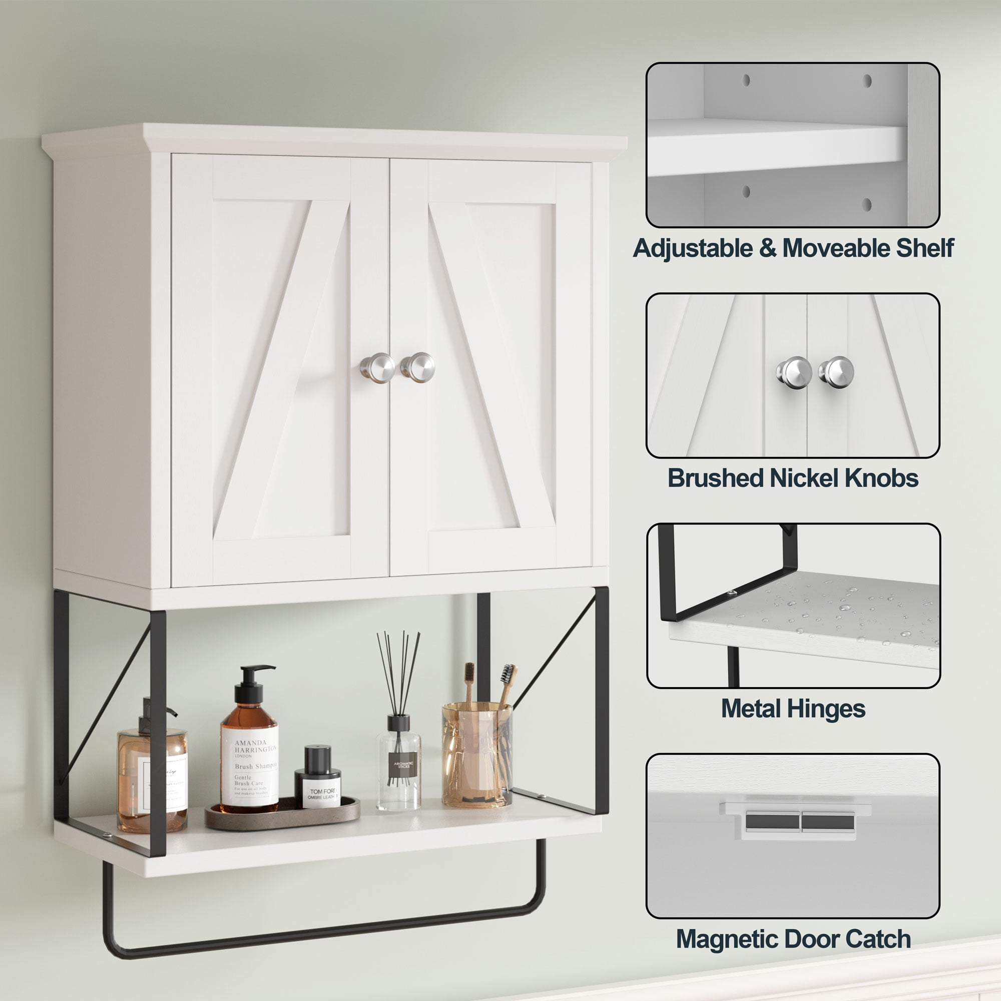 Walsunny Medicine Bathroom Cabinet，Wall-mounted Storage Cabinet, One Completely Open Compartment, with Steel Pipe Rack for Hanging Towels and Kitchen Utensils, Suitable for Kitchen