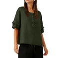 thumbnail image 4 of Hfnxid Summer Shirts for Women Crew Neck Puff Short Sleeve Shirt Lightweight Vacation Button Up Shirt Summer Solid Casual Travel Blouses Green XXL, 4 of 8