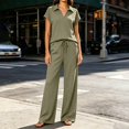 thumbnail image 7 of VBVC Women's Collared V-Neck 2 Piece Lounge Set, Casual Summer Tracksuit Outfit with Drawstring Wide Leg Pants and Pockets,Army Green,S-2XL, 7 of 7