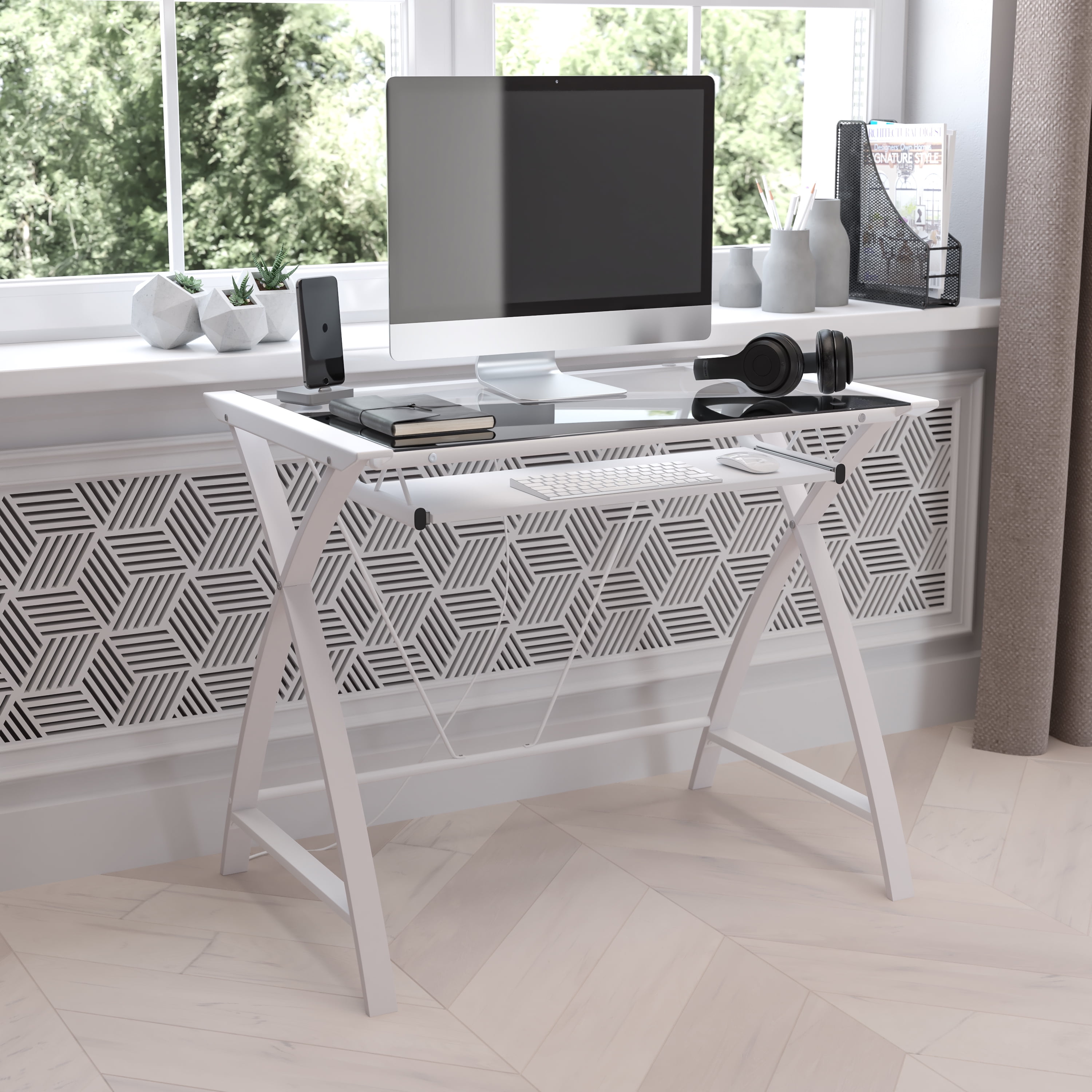 Flash Furniture Jude Clear Tempered Glass Computer Desk with White Pull-Out Keyboard Tray and White Crisscross Frame