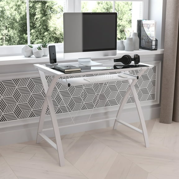 Emma   Oliver Clear Glass Computer Desk-White Pull-Out Keyboard Tray & White Crisscross Frame