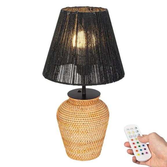 Kiven Cordless Table Lamp, Dimmable LED Vase Lamp with Black Twine Lampshade, Brown Rattan Pot, 1-Light Rechargeable Nightstand Lamp for Office Reading Home Decor Bedside TD0754