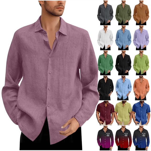 QATAINLAV Mens Big and Tall Cotton Linen Shirts Casual Button Down Lapel Dress Shirts Solid Color Long Sleeve Work Tops 2024 Fall Blouses Prime Sales Army Green 5XL