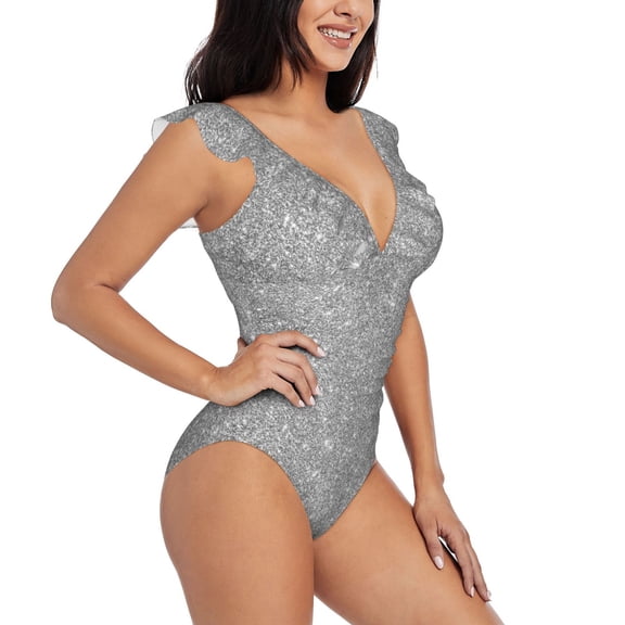 Fotbe GlitterSilver Women's Tummy Control Swimsuits Slimming One Piece Bathing Suit Ruffle Wrap V Neck Swimwear-