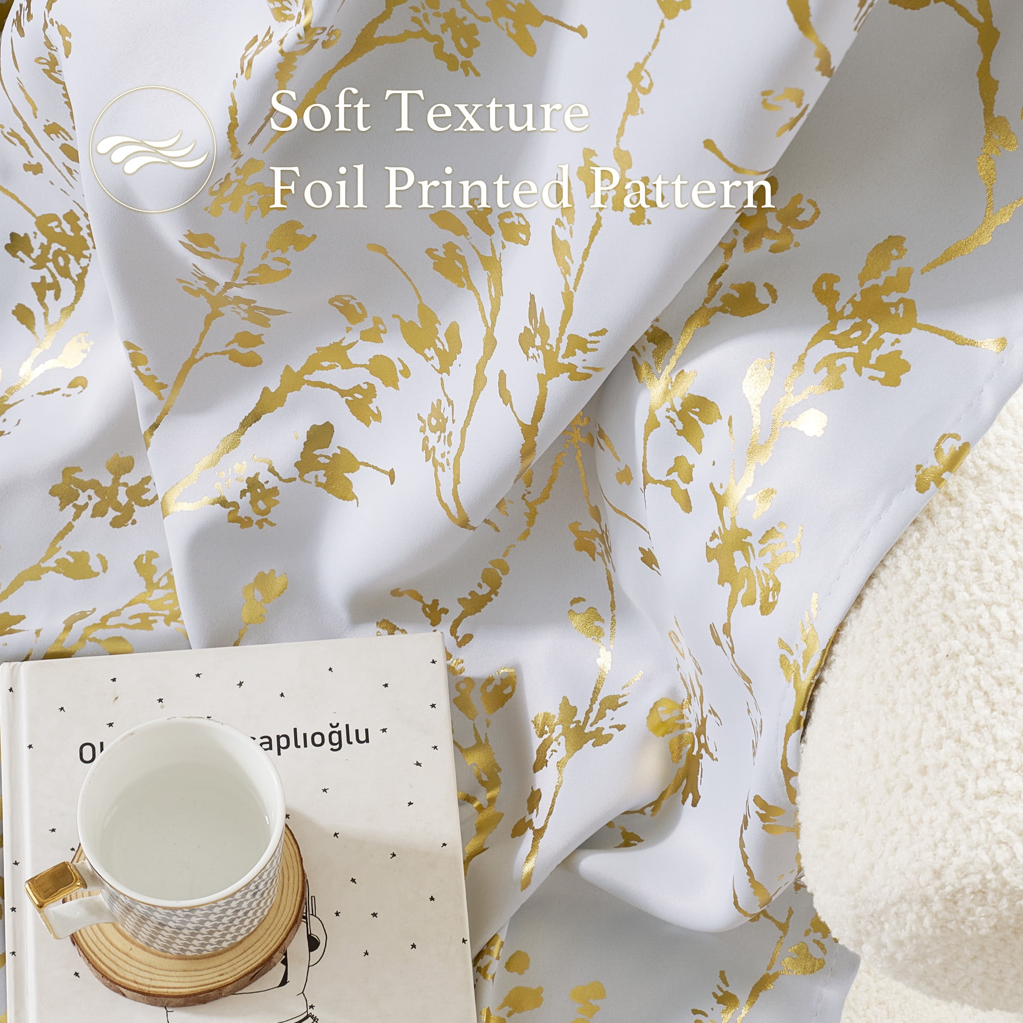NICETOWN 100% Blackout Curtains 84 Inch Length Gold White Foil Branch Grommet Full Room Darkening Curtains, Thermal Panels Curtains for Bedroom & Living Room, 2 Panels