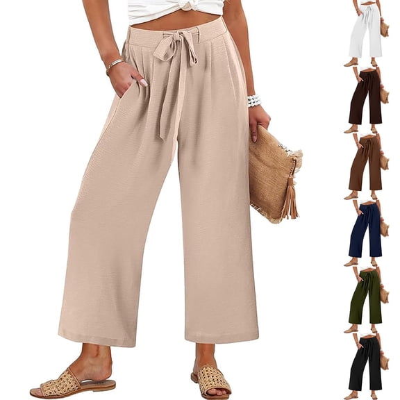 Delayuji Women's Linen Pant Cropped Wide Leg Pants Casual Loose High Waist Tie Up Beach Harem Pants With Pockets