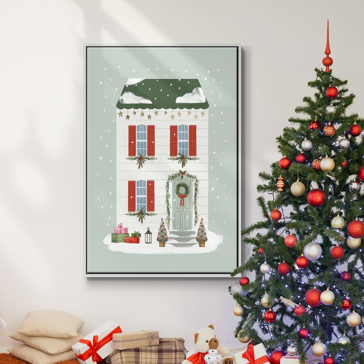 Festive Front Door IV - Framed Gallery Wrapped Holiday Canvas - 17 x 25 - White Frame