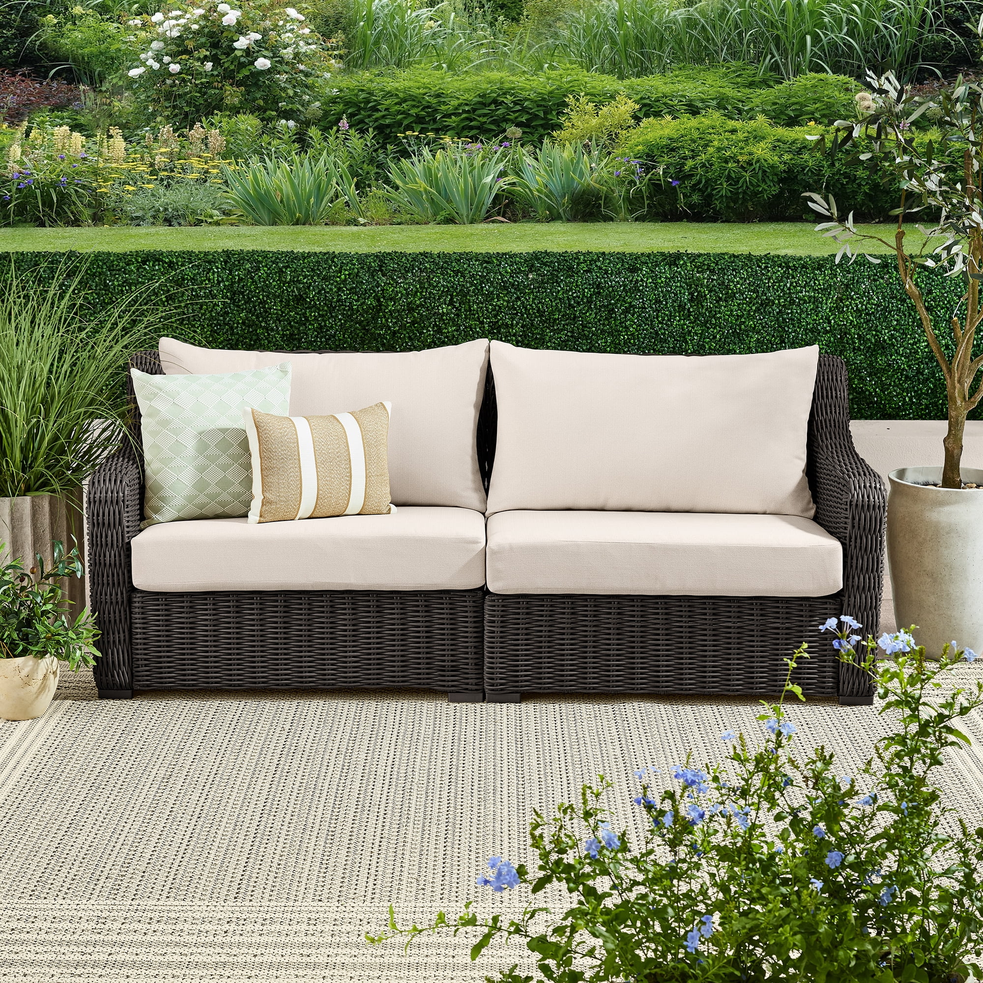 Better Homes & Gardens Bellamy Outdoor Sofa, Dark Brown Wicker with Cream Cushions