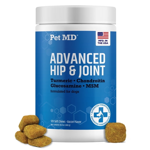 Pet MD Glucosamine for Dogs | Dog Joint Supplement with Glucosamine, Chondroitin & MSM - Inflammatory Pain Relief Chews for Hip & Joints - Bacon Flavored - Includes Yucca & Turmeric - 120 Ct
