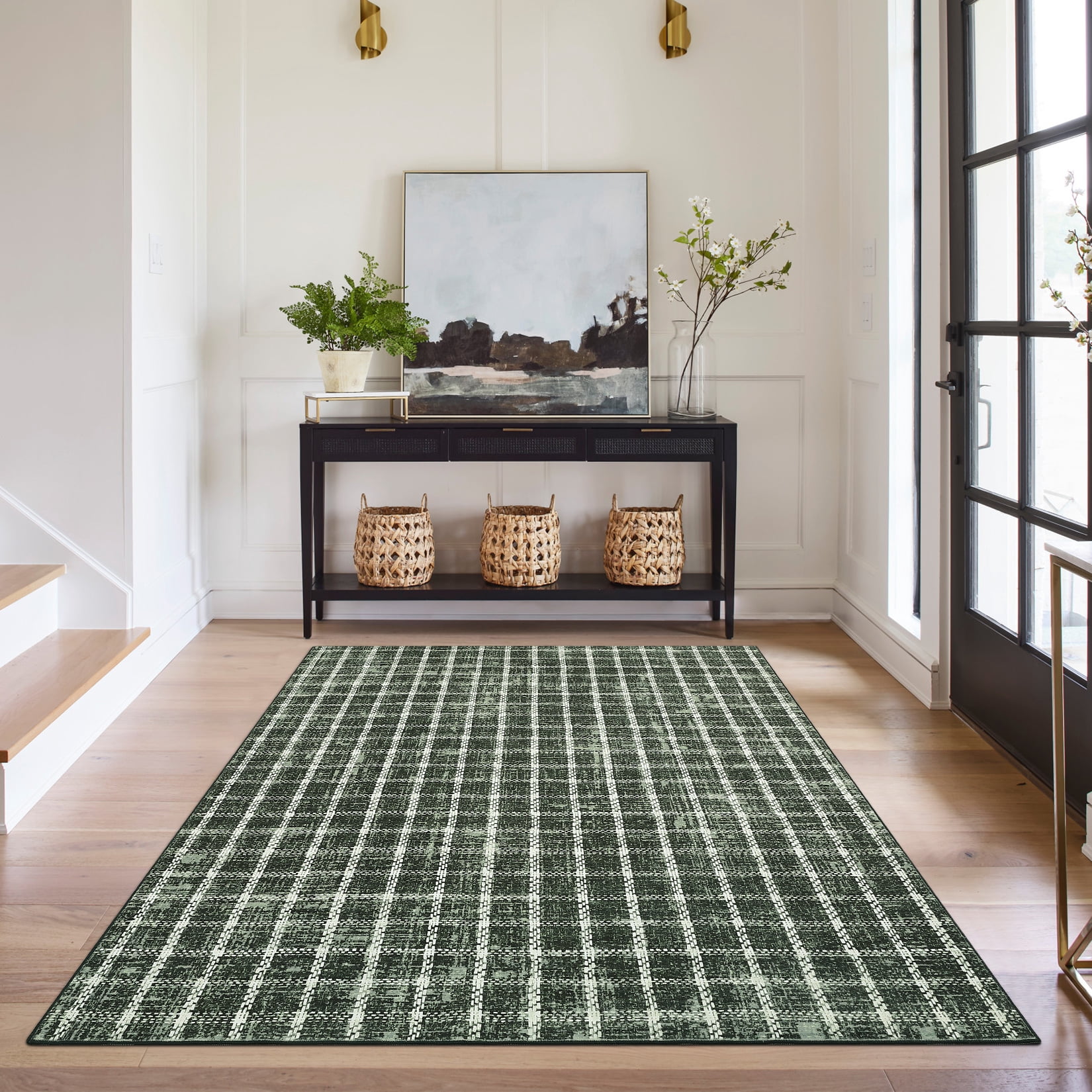 Garvee 6'x9' Area Rugs Modern Plaid Rug, Washable Geometric Rug Stain-Resistant Non Slip Indoor Rug for Living Room Dining Room Office, Green