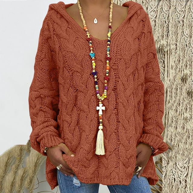 RKSTN Sweaters for Women Fashion Loose Large Size Color Hood Long Sleeves Sweater Tops Fall Sweaters