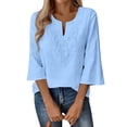thumbnail image 2 of Womens 3/4 Sleeve Tops Cotton Linen Shirts V Neck Lace Casual Loose Fit Blouses Boho Fashion Sky Blue M, 2 of 4