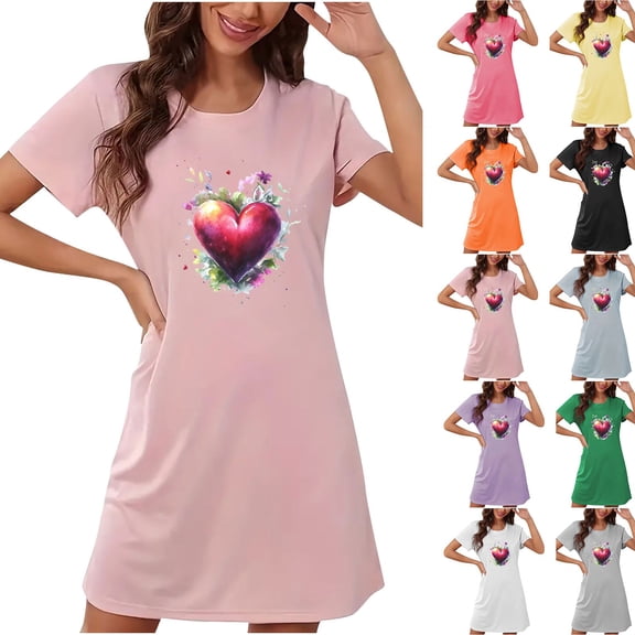 Sakmal Valentines Womens Moomoo Nightgowns Short Sleeve Soft Love Moomoo Dress Heart Print Short Ladies Nightgown L