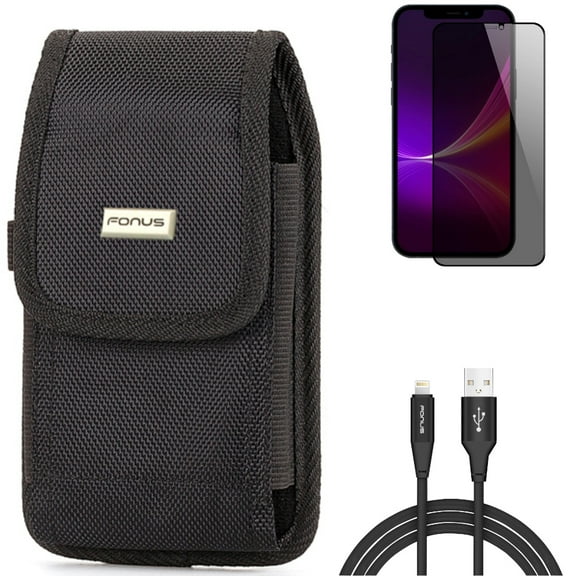 Privacy Screen Protector & 6ft USB Cable & Case Belt Clip for iPhone 13 Pro Max ONLY - Tempered Glass Curved Anti-Spy   Charger Cord Power Wire   Rugged Holster Canvas Combo
