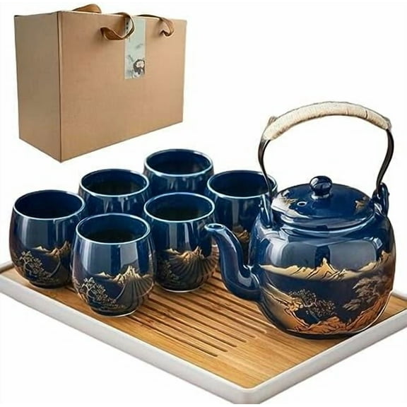 Japanese Tea Set Traditional, Chinese/Asian Tea Sets for 6 Adults, Pretty Tea Set with Tray and Infuser, Porcelain Tea Pot and Tea Cups, Large Teapot, Gifts for Tea Lover, Birthday (Gold & Blue)