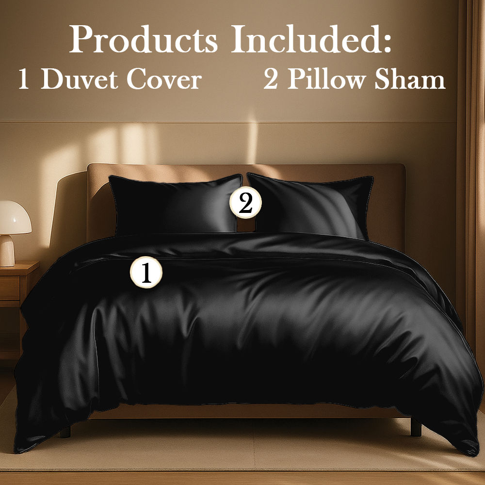 Amay Satin Silk California King Duvet Cover Set (98"×104", Black ) – Elegant Shine & Comfort – Ideal for Long Beds, Luxury Bedrooms – 3-Piece Set