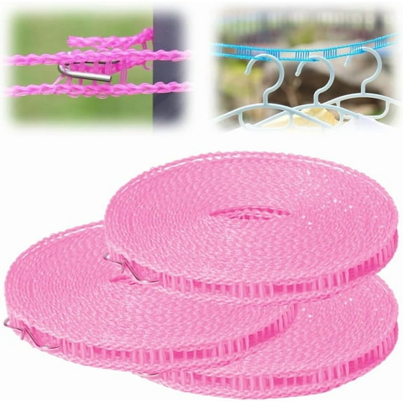 Windproof Non-Slip Clothesline, Retractable Clothesline Outdoor Camping Clothes Lines, Portable Clotheslines Windproof Nylon Adjustable Non-Slip Rope, for Outdoor & Home (5m(16.4ft),Pink*3)