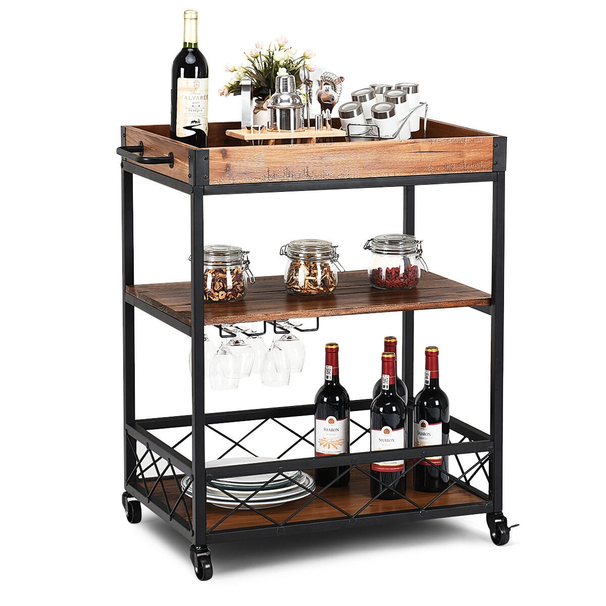 NSdirect Kitchen Cart,Industrial Kitchen Bar/&Serving Cart Rolling Utility Storage Cart with 3-Tier Shelves,Metal Wine Rack Storage and Glass Bottle Holder,Removable Wood Top Box Container,Brown