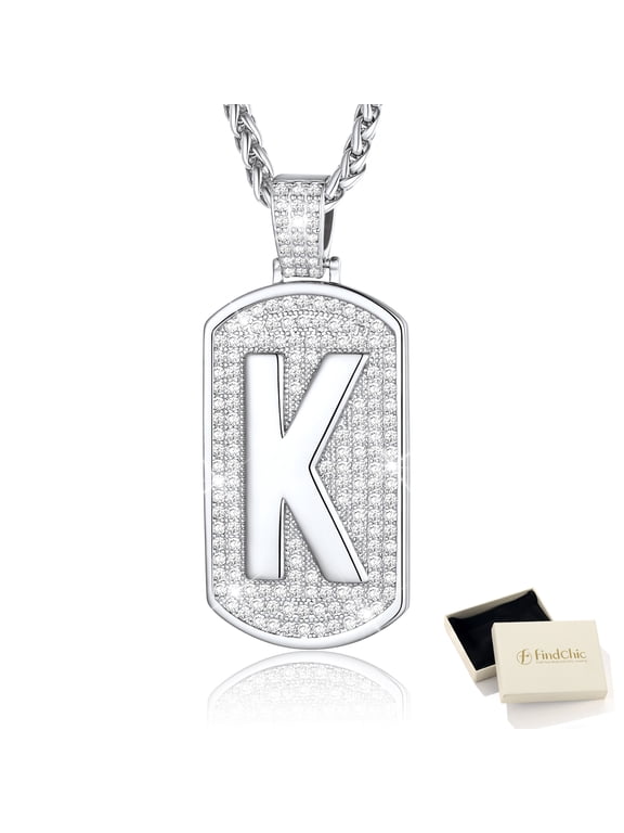 Dog Tag Necklaces for Men Women Initial Letter K Pendant Cubic Zirconia Platinum Plated Birthday Christmas Jewelry Gifts for Him Husband
