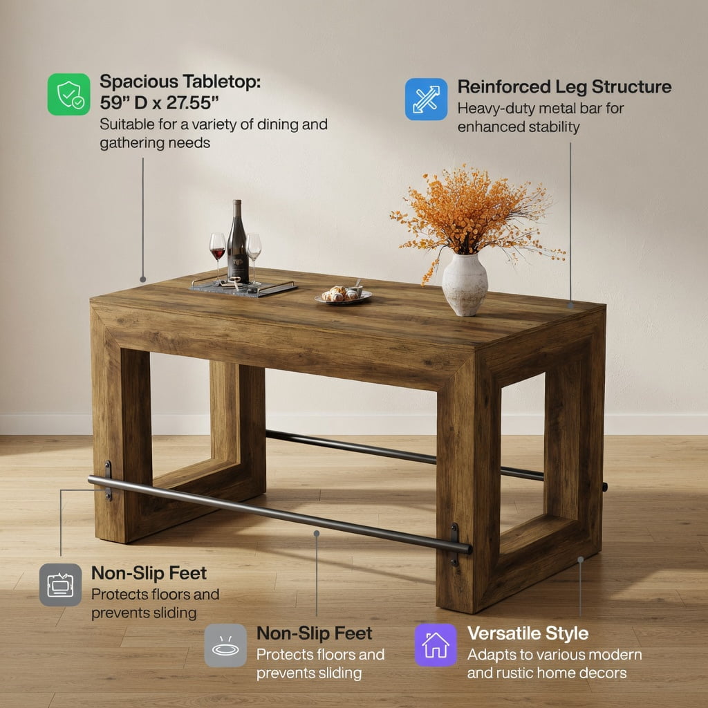 Hommoo 59 Inch Counter Height Bar Table with Metal Footrest, Modern Rectangular Pub Table for Dining Room, Kitchen Island, or Home Bar, Brown
