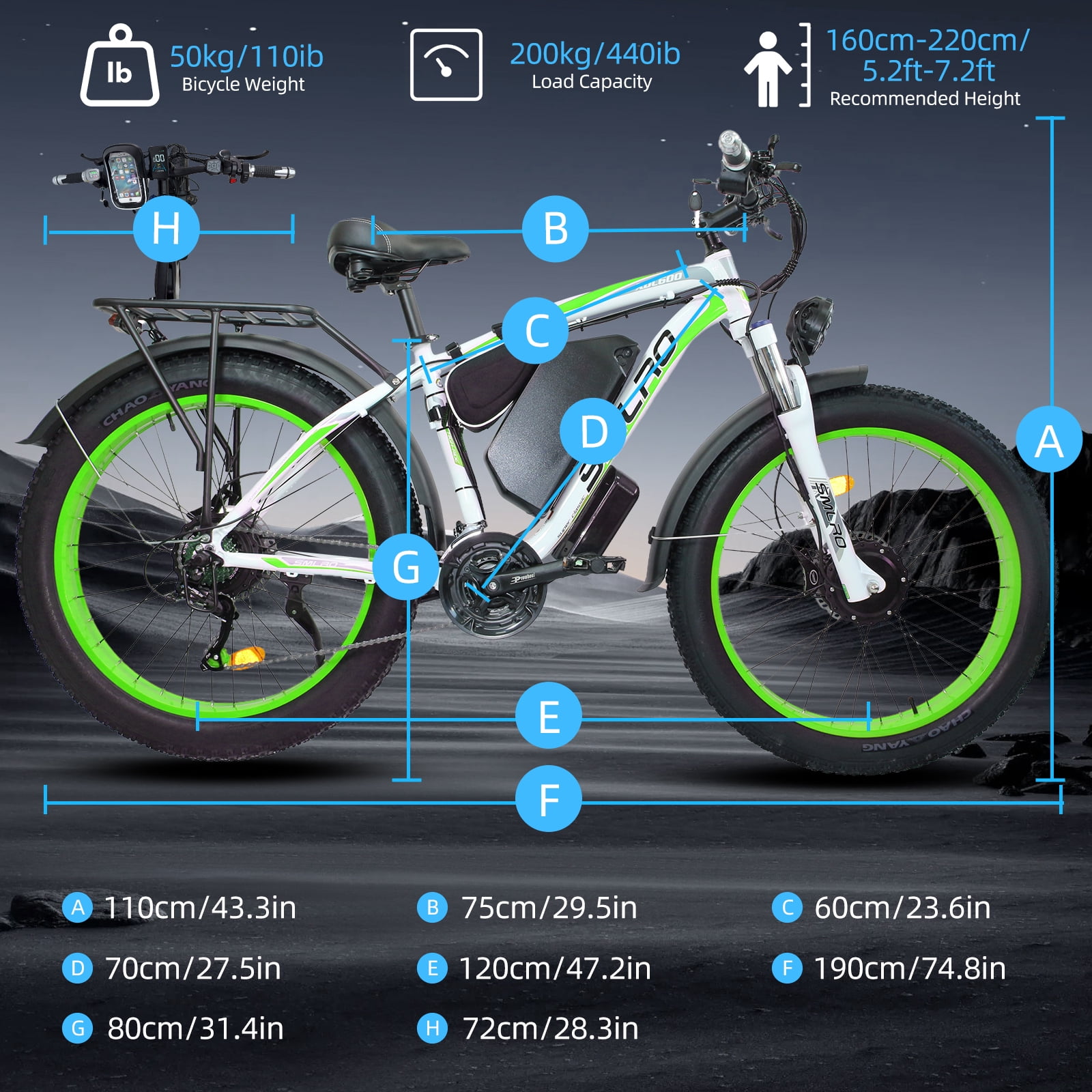 Electric Bike for Adults, 26x4.0 Fat Tire E-Mountain Bicycle, Peak 5000W Motor 52V-30Ah, Mountain Bike Beach Snow Ebike for Men, Green&White