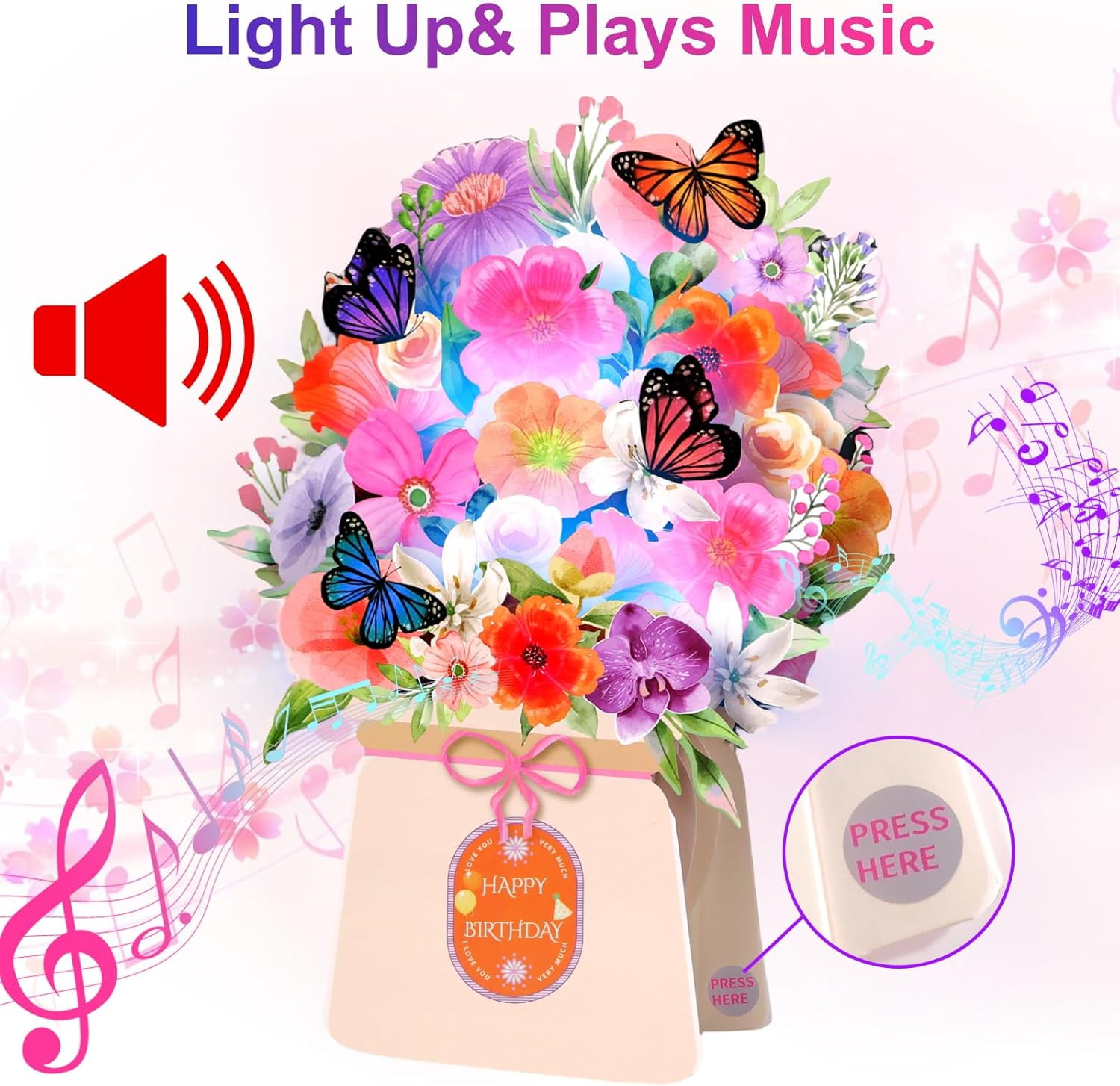 Birthday Cards, Light and Music Happy Card, Lily Butterflies, 10 Inch Life Sized Forever Flower Bouquet 3D Pop Up Gift Card for Women Wife Mom Daughter Sister