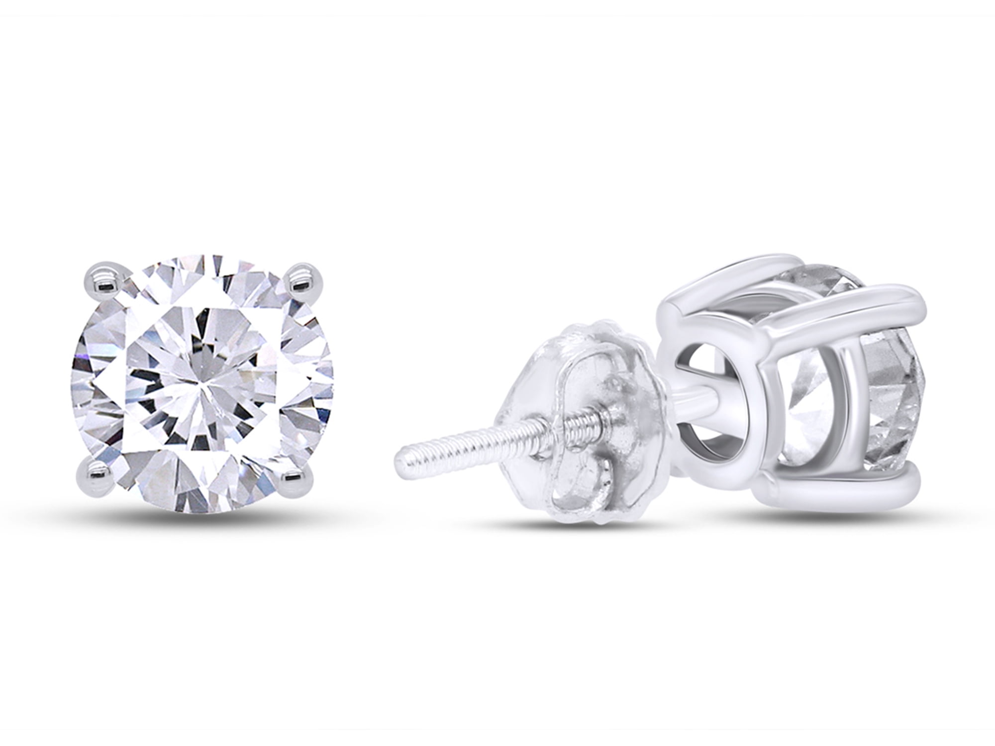 AFFY 18K White Gold over Sterling Silver, 5.5MM Round Cut Lab Created Moissanite Diamond 4-Prong Solitaire Stud Earrings for Women