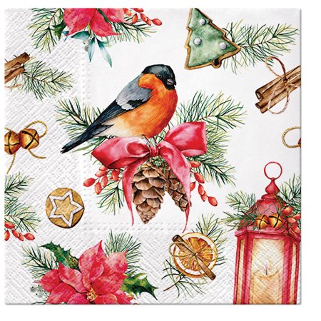 Winter Napkins BULLFINCH WITH LAMPION Paper Lunch Napkins 40pcs Paper Napkins Decorative Christmas Paper Napkins for Decoupage