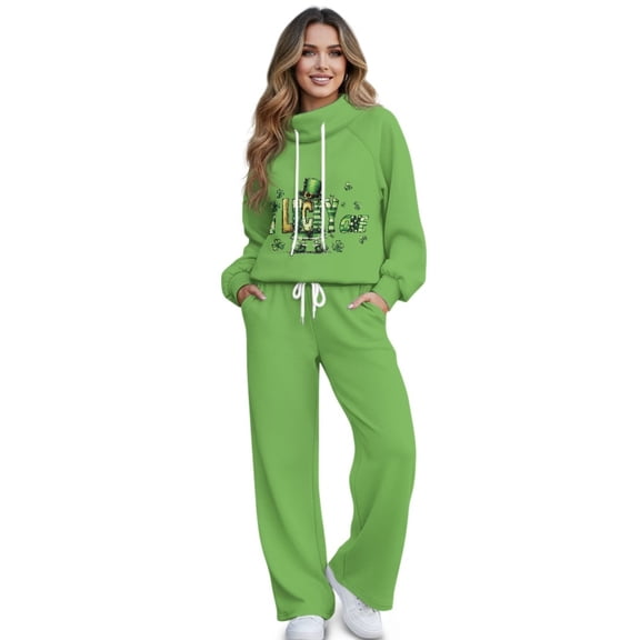 SCRAWLGOD St. Patrick's Day Clover Leprechaun Hat Print Green Sweatsuits for Women 2 Piece Outfit Matching Lounge Sets Fall Outfits Stylish Clothing Turtleneck Pullover Track Suits, XS