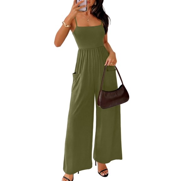 Merokeety Womens Summer Casual Spaghetti Strap Boho Wide Leg Jumpsuit armygreen l