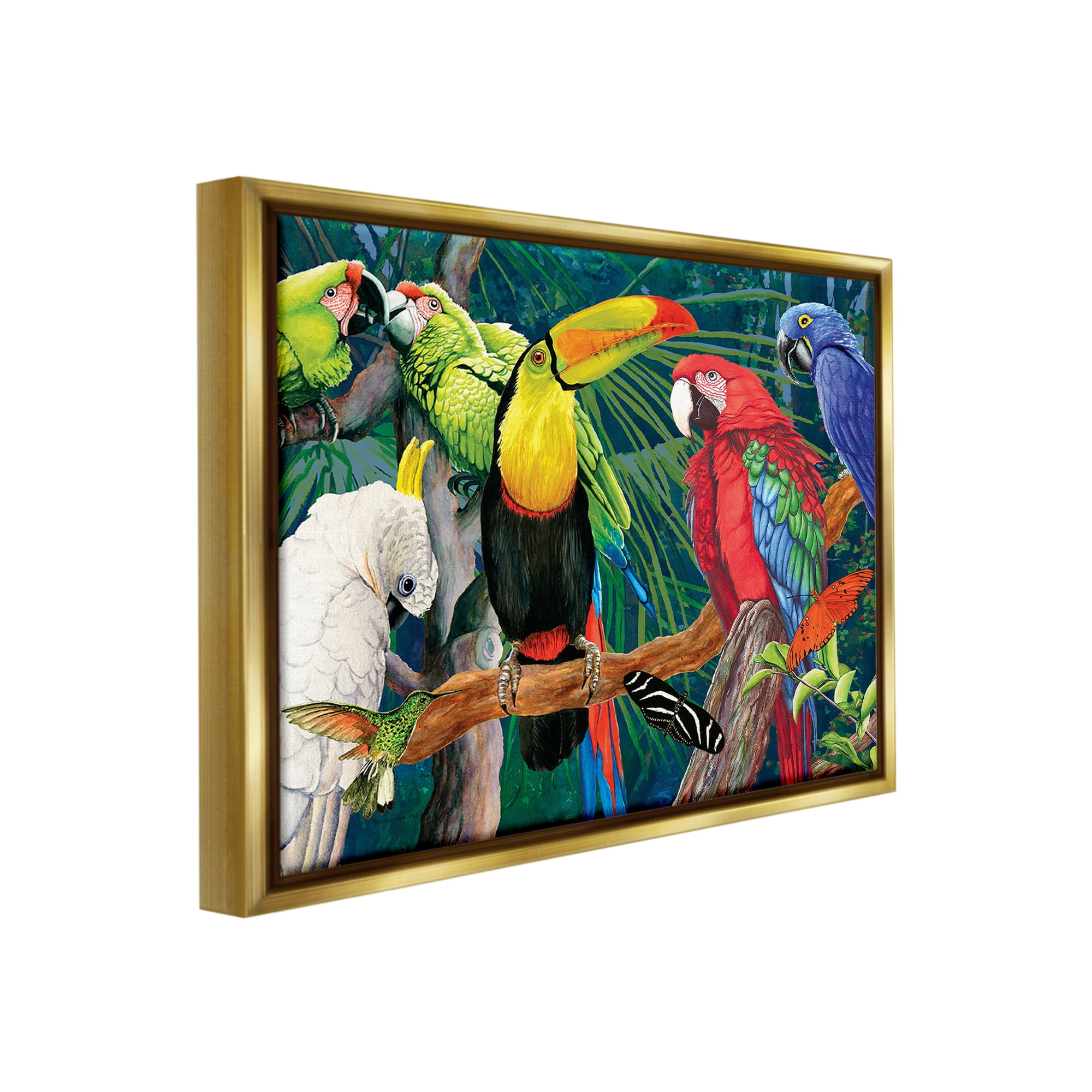Stupell Industries Tropical Rainforest Birds Animals & Insects Painting Gold Floater Framed Canvas Art Print Wall Art, 31 x 25