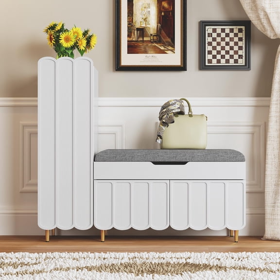 3More L-Shaped Entryway Shoe Bench with Cushioned Seat, White