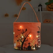 Halloween Trick or Treat Candy Bags LED Light Up Pumpkin Bucket, Collapsible Reusable Candy Basket, Fabric Tote Gift Bags for Halloween Parties
