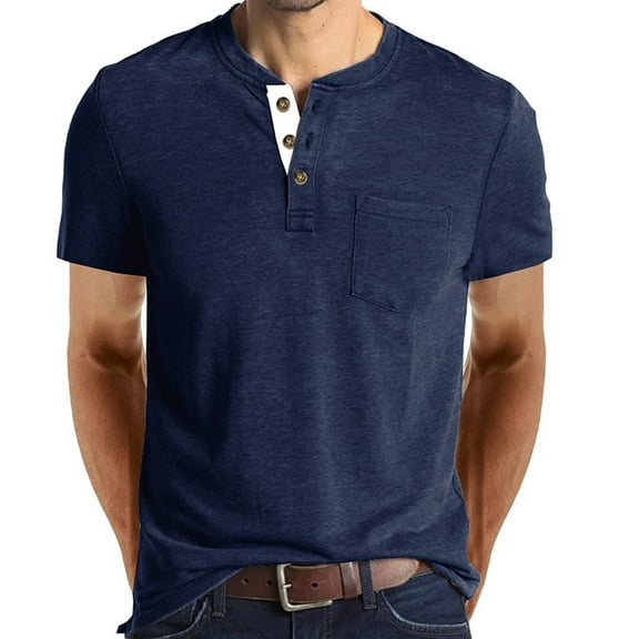 Men's Spring Summer Retro T-Shirt - Business Casual Travel Buttons O Neck Solid Short Sleeve