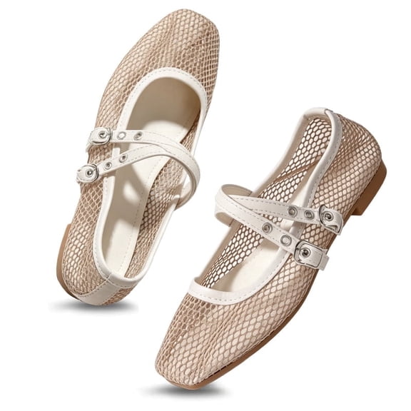 Qaltryn Mesh Ballet Flats for Women with Buckle Fashion Fishnet Flats Comfortable Mary Jane Shoes for Casual & Work