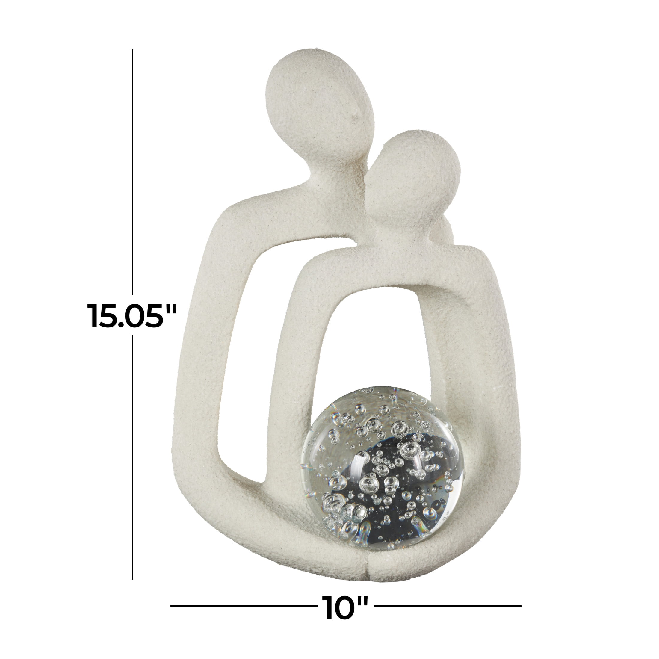 10" x 15" White Polystone Abstract Textured People Sculpture with Clear Glass Orb and Black Speckles, by DecMode