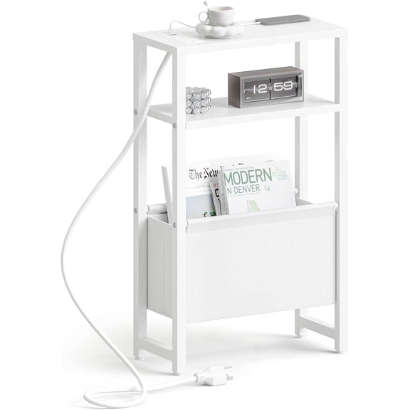 Narrow Side Table with Charging Station Slim End Table Sofa with Magazine Rack, Bedside Table for Small Spaces, 3 Tier Nightstand for Living Room Couch, Bedroom White LET503WE
