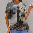 thumbnail image 6 of Lighthouse Sunrise Coast Scenery Pale Blue Tan Women's Short Sleeve T-Shirt Crew Neck Casual Summer Trendy Loose Fit Tops, 6 of 6