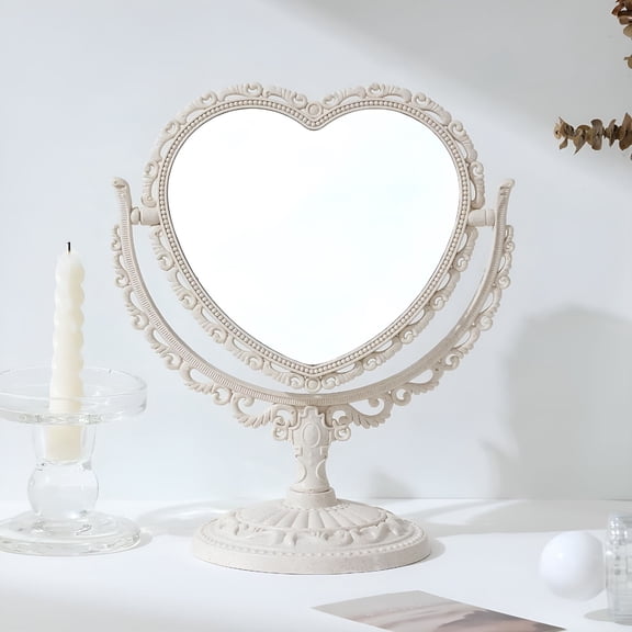 XIBUFE 7 Inch Vintage Heart Mirror - Elegant Desk Makeup Double Sided 360 Degree Vanity