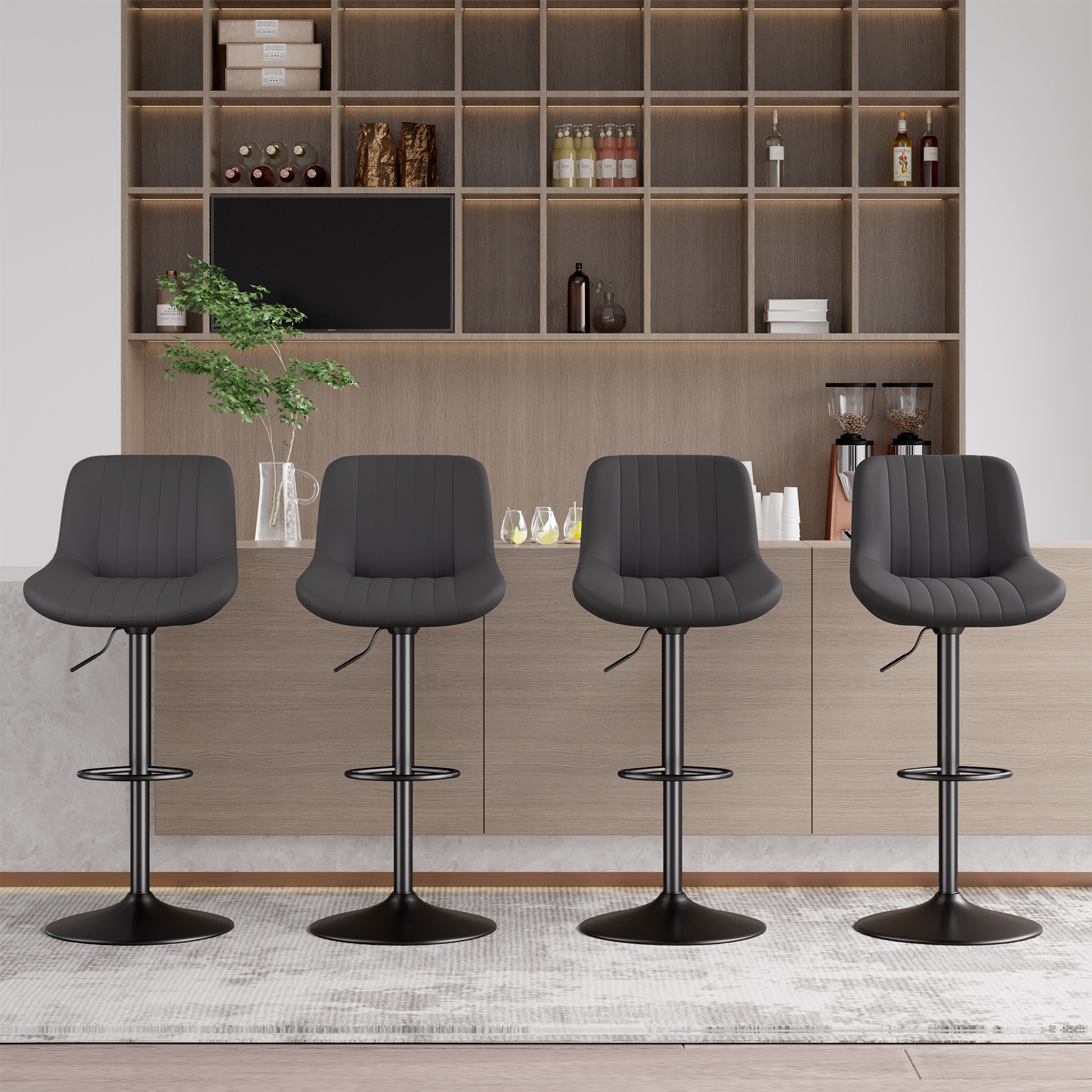 Hawsaiy Adjustable Bar Stools Set of 4, Swivel Counter Height Bar Chairs with Back, Modern Technical Fabric Barstools for Kitchen Island & Home, Black