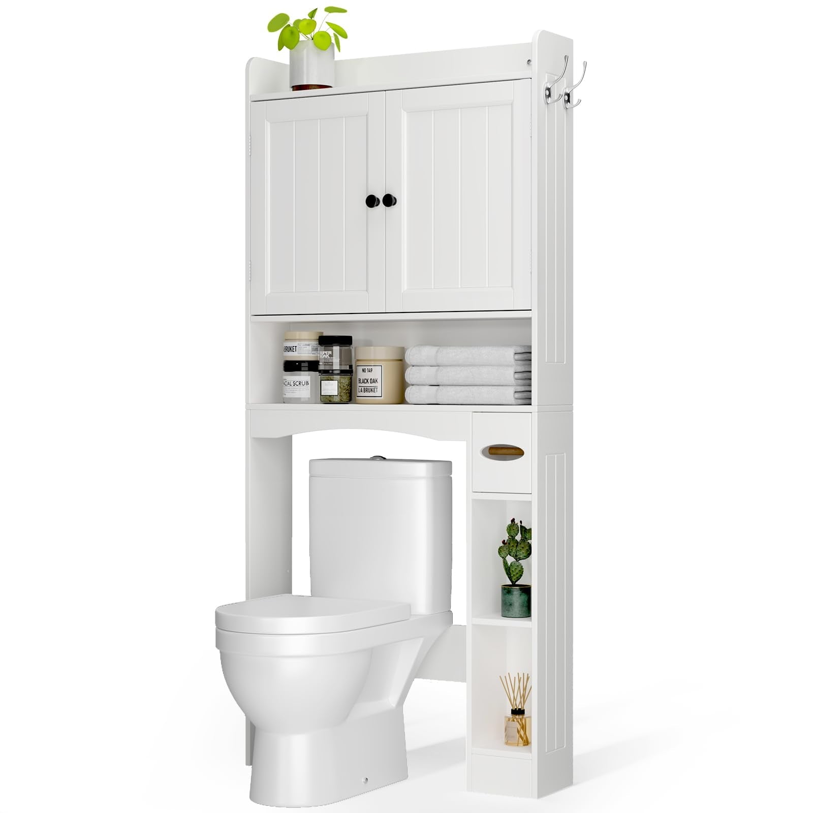 Aiho 70.3" Tall Over the Toilet Storage Cabinet, Bathroom Organizer Above Toilet with Adjustable Shelves & 2 Side Hooks, Space Saver for Bathroom, Laundry, White